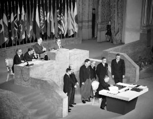 Japan's Prime Minister Shigeru Yoshida signs Japanese peace treaty at San Francisco Opera House in California